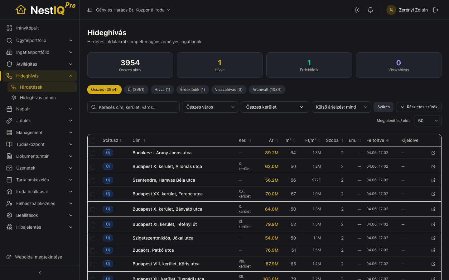 Hideghívás admin screenshot