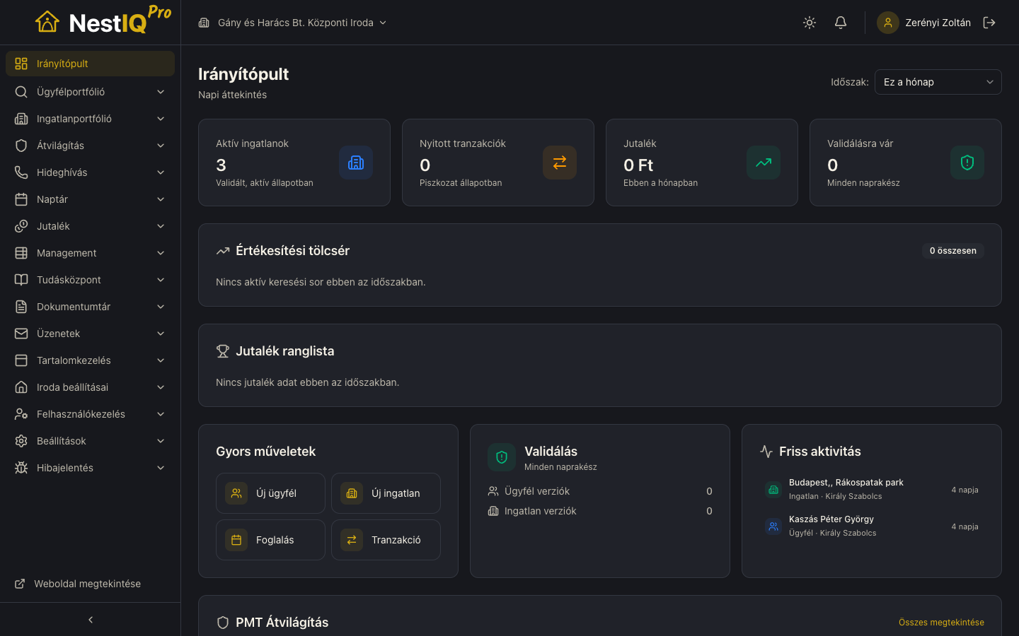 NestIQ Pro admin irányítópult